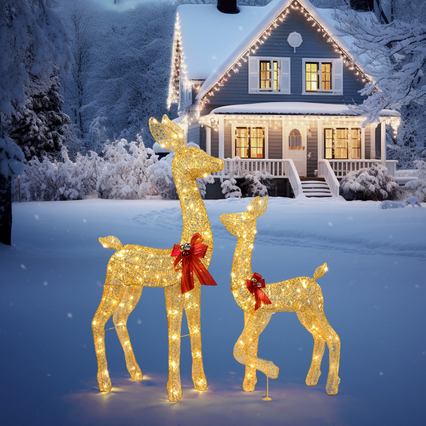 2-Piece Lighted Christmas Deer Family, Outdoor Yard Decoration Set with 210 LEDs Warm White Light, Gold 6cc08b-1a