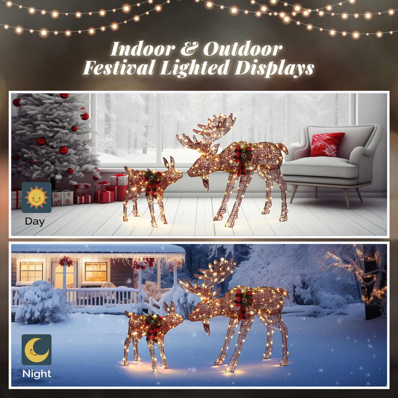 2pcs 4ft 30V 3.6W Moose Family 200LED Leather String Light Garden Moose Decoration Brown 6cc08b-1a