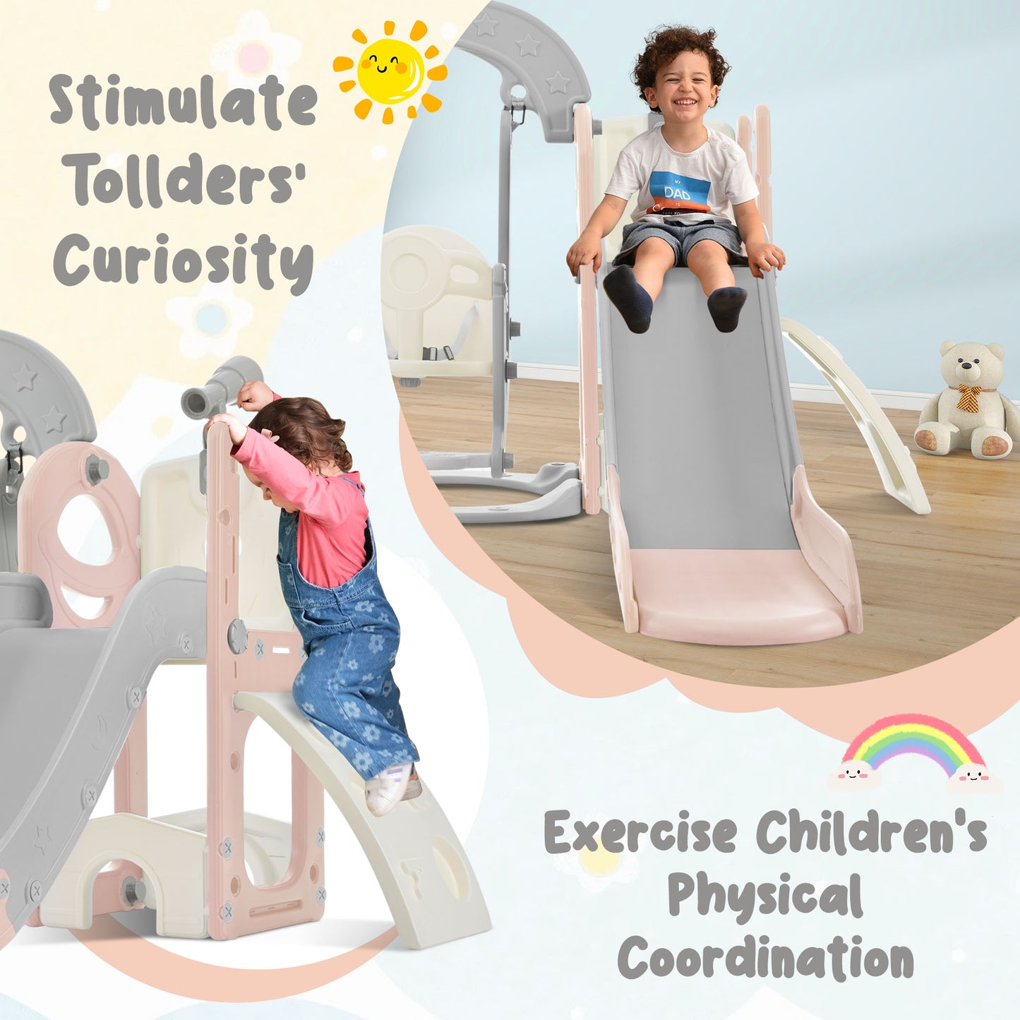 Toddler Slide and Swing Set 5 in 1, Kids Playground Climber Slide Playset with Telescope,  Combination for Babies Indoor & Outdoor 6cc08b-1a