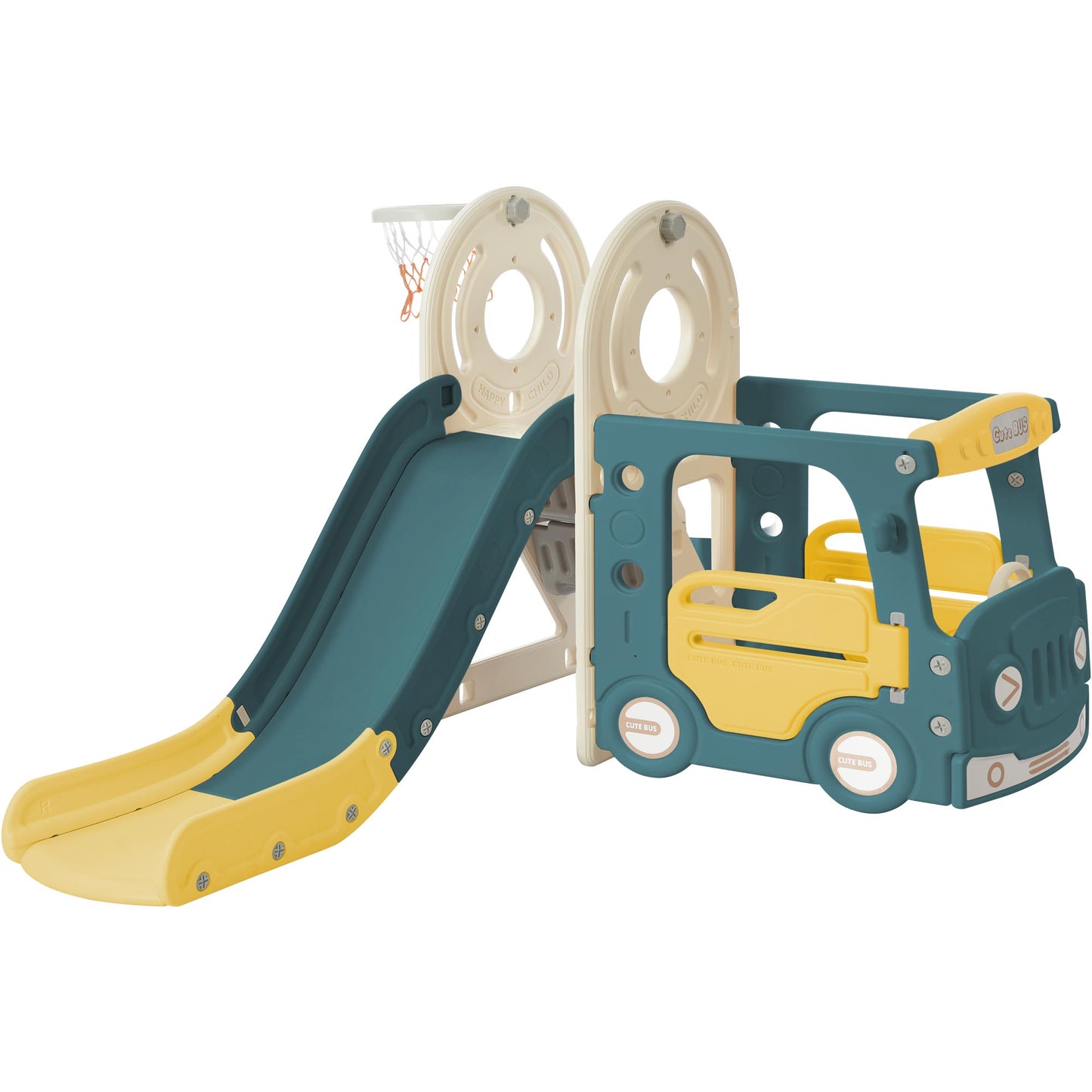 Kids Slide with Bus Play Structure,  Bus Toy with Slide for Toddlers, Bus Slide Set with Basketball Hoop 6cc08b-1a