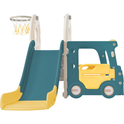 Kids Slide with Bus Play Structure,  Bus Toy with Slide for Toddlers, Bus Slide Set with Basketball Hoop 6cc08b-1a