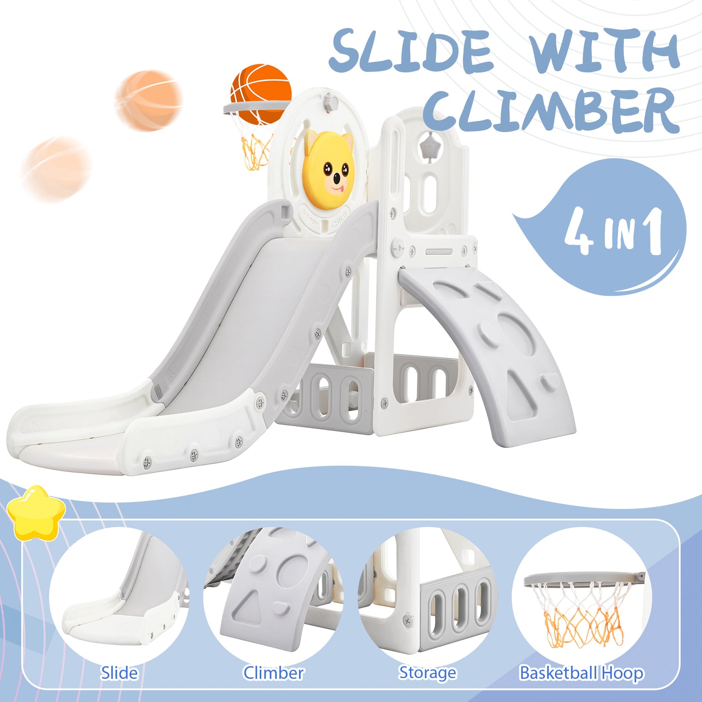 Toddler Climber and Slide Set 4 in 1, Kids Playground Climber  Slide Playset with Basketball Hoop Play Combination for Babies Indoor & Outdoor 6cc08b-1a