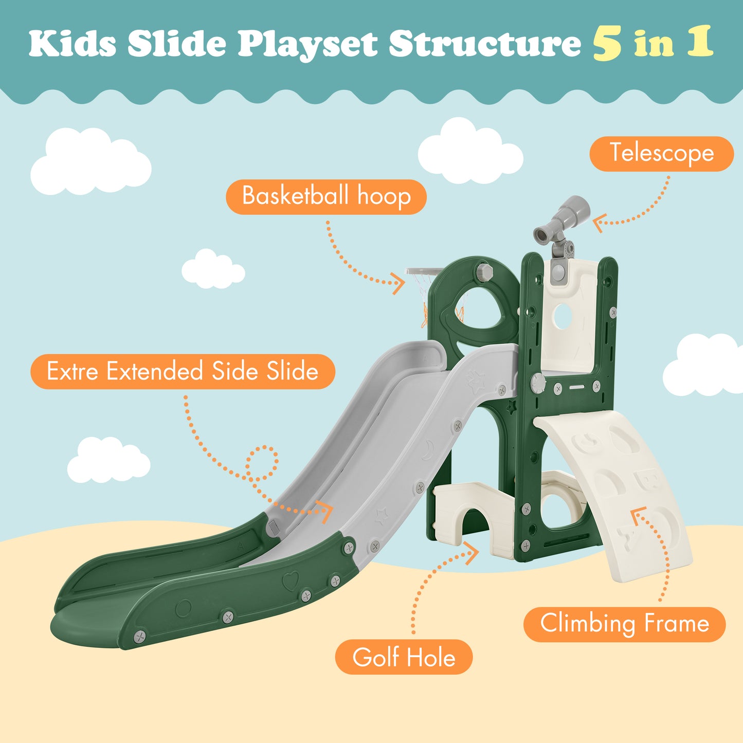 Kids Slide Playset Structure 5 in 1,   Spaceship Set with Slide, Telescope and Basketball Hoop, Golf Holes for Toddlers, Kids Climbers Playground 6cc08b-1a