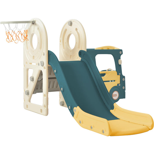 Kids Slide with Bus Play Structure,  Bus Toy with Slide for Toddlers, Bus Slide Set with Basketball Hoop 6cc08b-1a