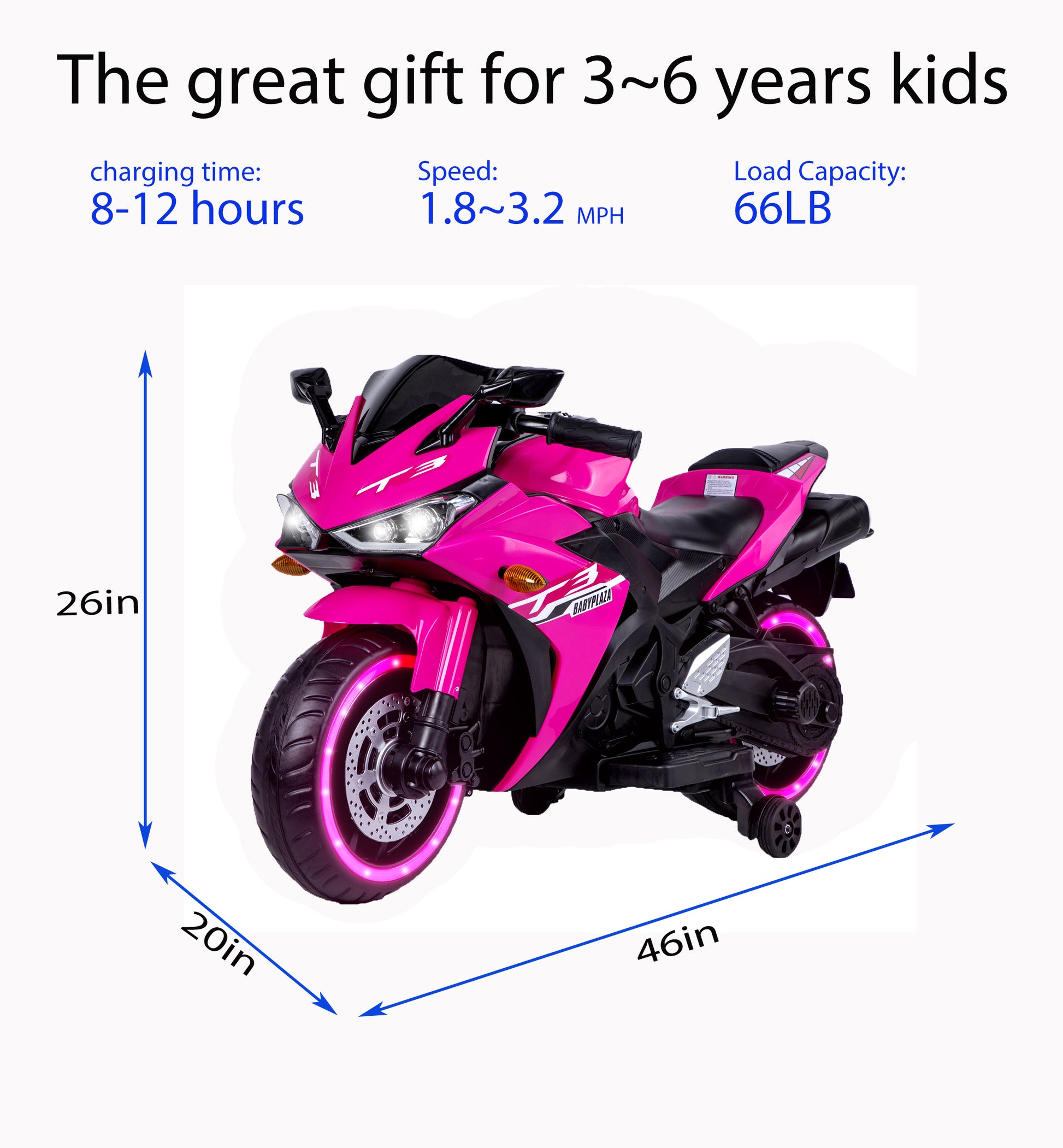 kids motorcycle, 12V motorcycle for kids 3 4 5 6 years Boys Girls  12v7ah kids motorcycle ride on toy with Training  Wheels/manual throttle/ drive by hand /Lightting  wheels 6cc08b-1a