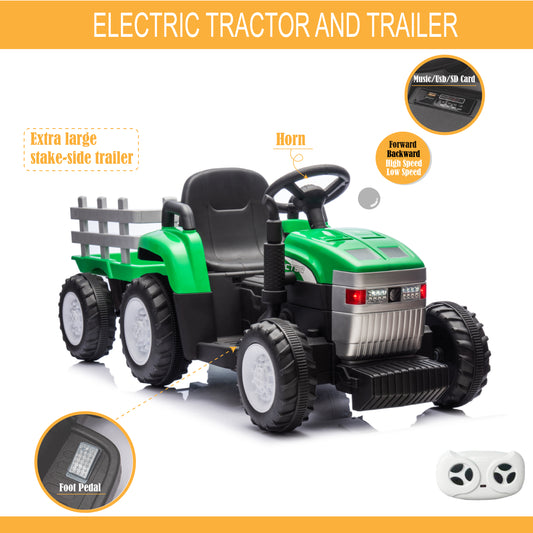 Green, 12V7AH Battery-Powered Toy Tractor with Trailer, Remote Control, Kids' Electric Excavator Vehicles with 2x35W Dual Motor, Treaded Tires, LED Lights, USB, Music,  - Gift Childrens DAY 6cc08b-1a