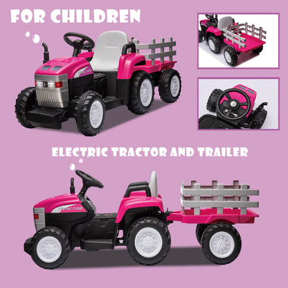 Pink, 12V7AH Battery-Powered Toy Tractor with Trailer, Remote Control, Kids' Electric Excavator Vehicles with 2x35W Dual Motor, Treaded Tires, LED Lights, USB, Music, Safety Belt - Gift Childrens DAY 6cc08b-1a