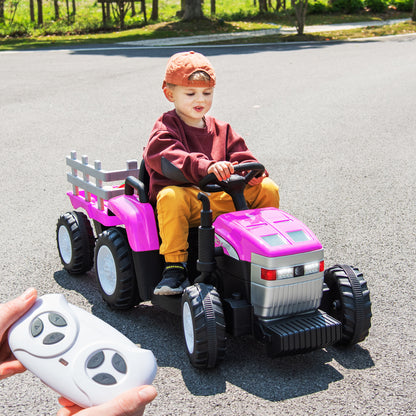 Pink, 12V7AH Battery-Powered Toy Tractor with Trailer, Remote Control, Kids' Electric Excavator Vehicles with 2x35W Dual Motor, Treaded Tires, LED Lights, USB, Music, Safety Belt - Gift Childrens DAY 6cc08b-1a