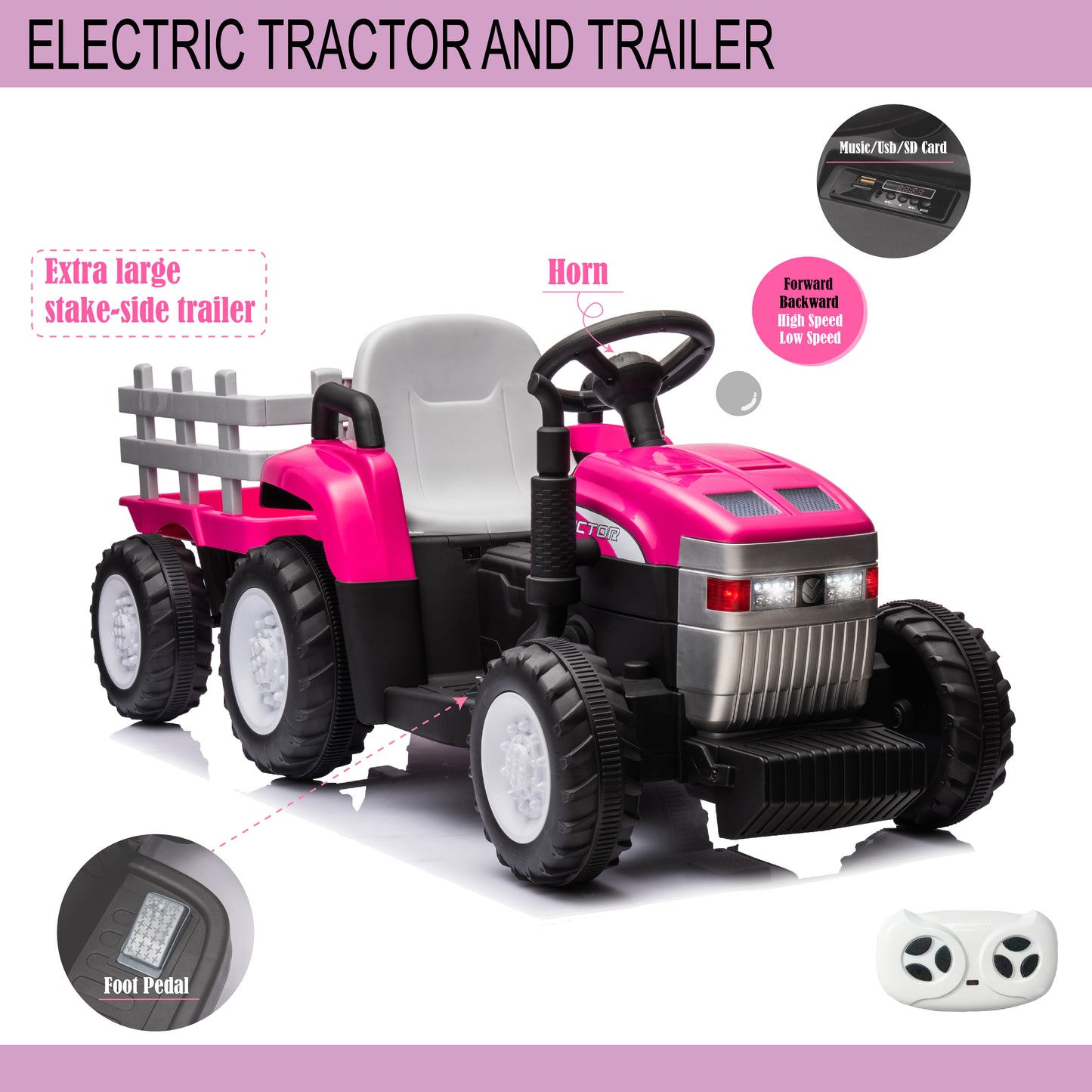 Pink, 12V7AH Battery-Powered Toy Tractor with Trailer, Remote Control, Kids' Electric Excavator Vehicles with 2x35W Dual Motor, Treaded Tires, LED Lights, USB, Music, Safety Belt - Gift Childrens DAY 6cc08b-1a