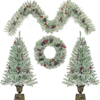 Pre-lit Xmas Tree Artificial Christmas 4-Piece Set,Garland, Wreath and Set of 2 Entrance Trees X-mas 6cc08b-1a