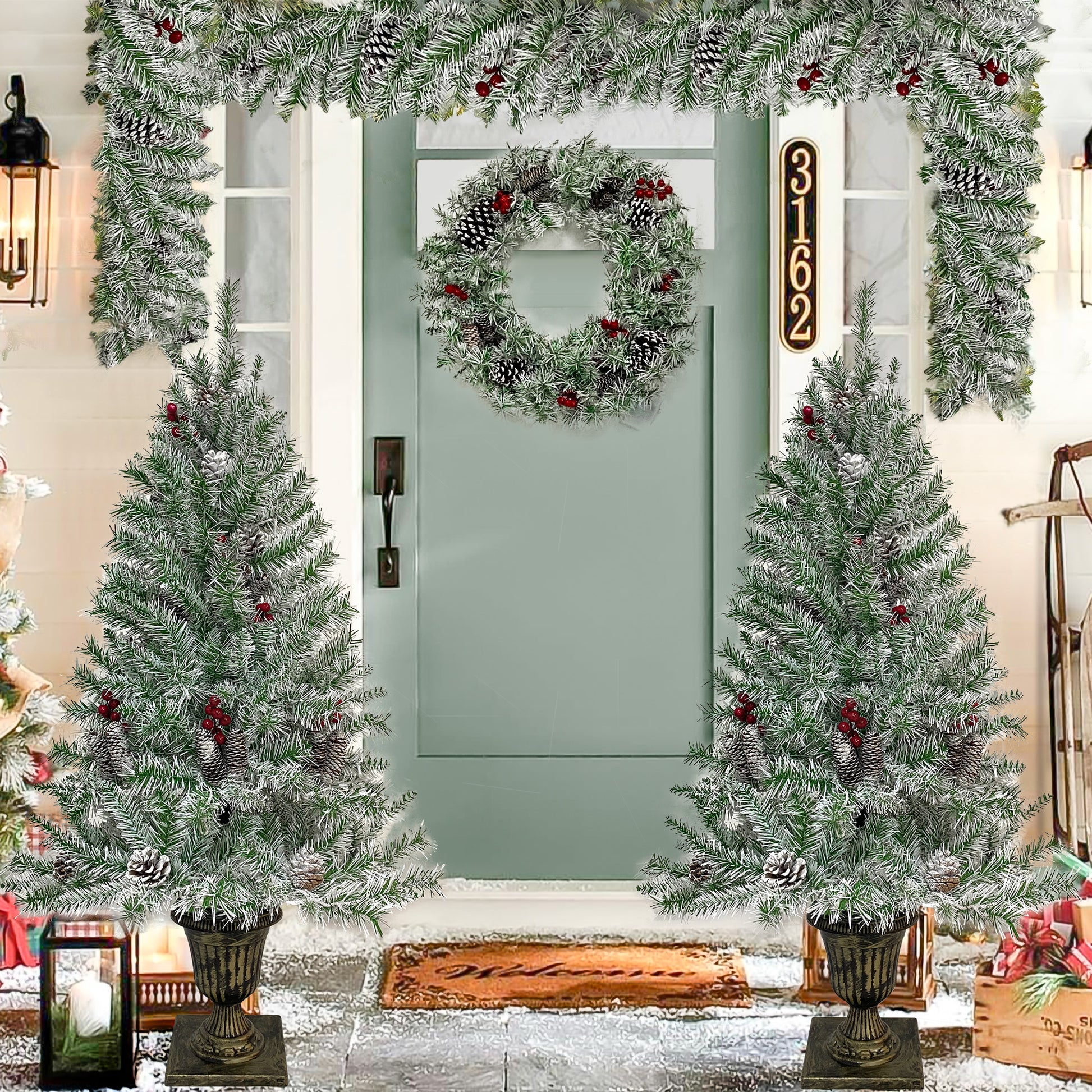 Pre-lit Xmas Tree Artificial Christmas 4-Piece Set,Garland, Wreath and Set of 2 Entrance Trees X-mas 6cc08b-1a