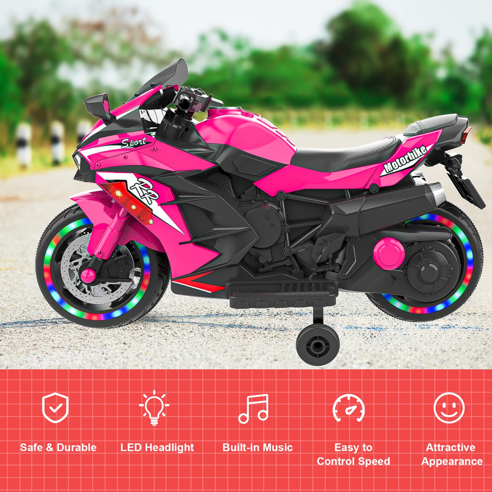 12V Pink Electric Ride-On Motorcycle for Kids with Light-Up Wheels & Bluetooth Music – Fun, Vibrant, and Adventure-Ready! 6cc08b-1a