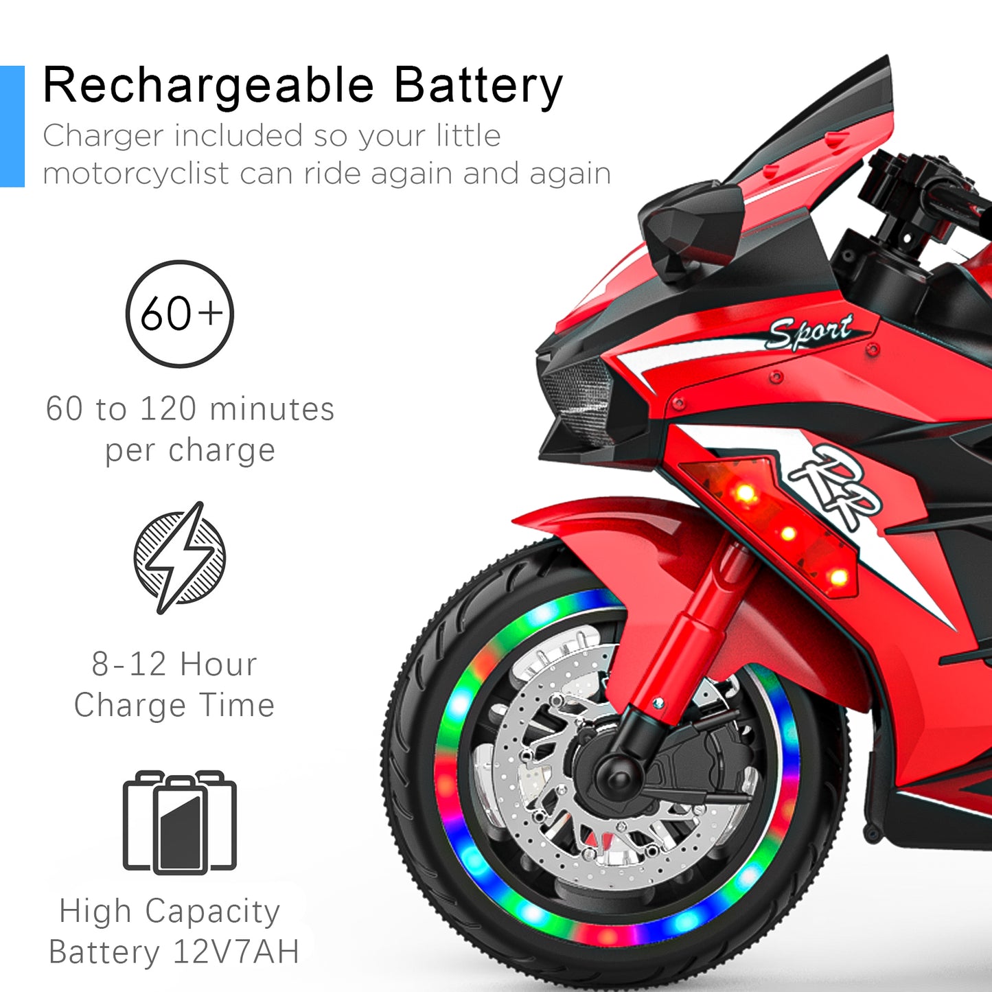 Electric Motorcycle for Kids, 12V Battery Powered Ride on Toys 3 Wheels Motorcycle with LED Lights, Bluetooth Music, Red (No shipping on weekends) (Temu, Walmart  Amazon prohibited) 6cc08b-1a