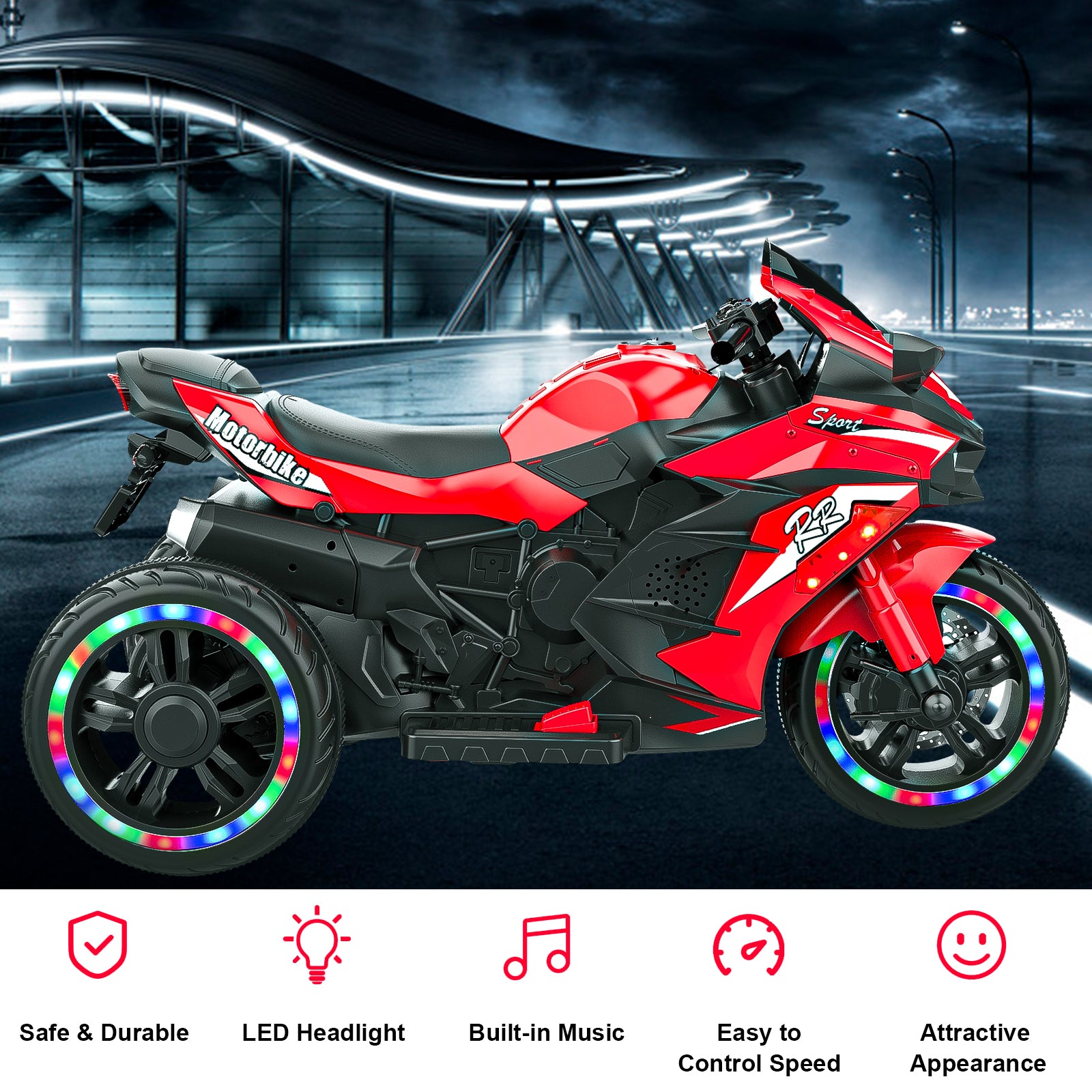 Electric Motorcycle for Kids, 12V Battery Powered Ride on Toys 3 Wheels Motorcycle with LED Lights, Bluetooth Music, Red (No shipping on weekends) (Temu, Walmart  Amazon prohibited) 6cc08b-1a