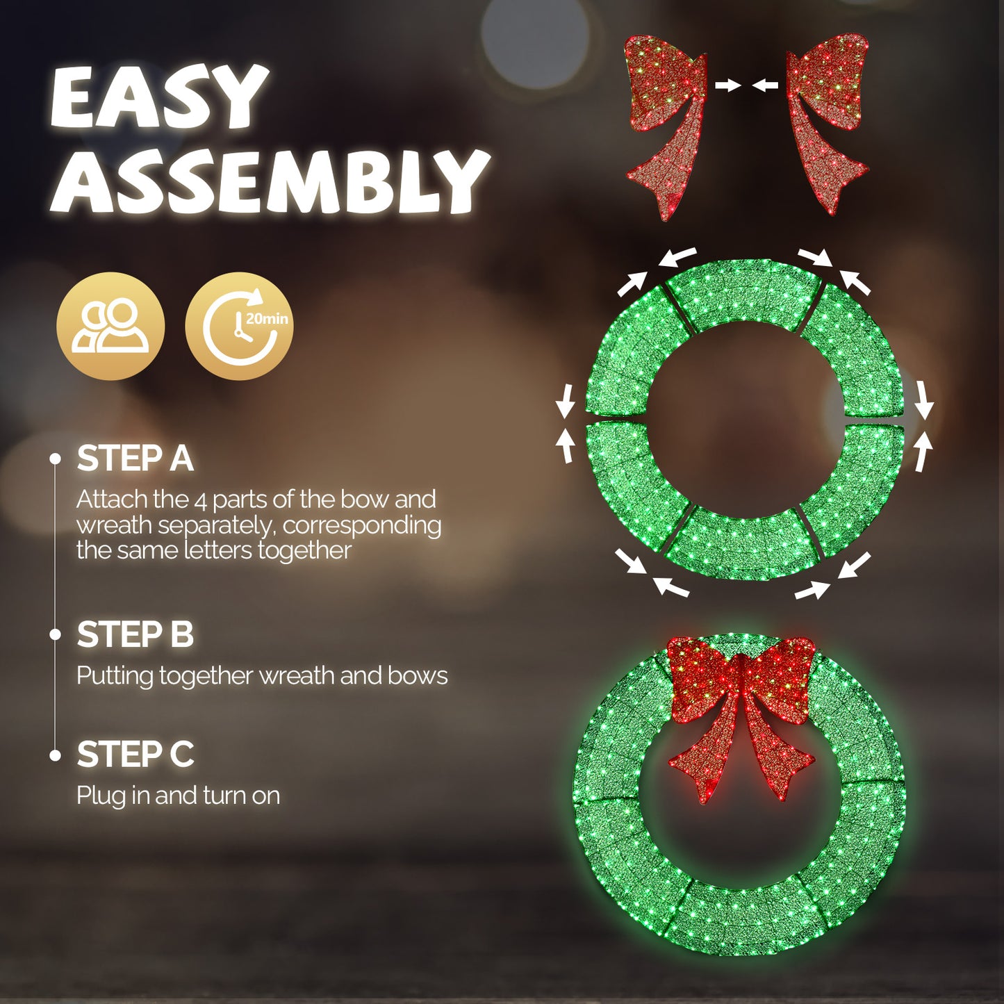 48in Pre-Lit Outdoor Christmas Wreath Decoration, LED Metal Holiday Decor for Home Exterior, Garden w/ 315 Lights, Bow - Green/Red 6cc08b-1a