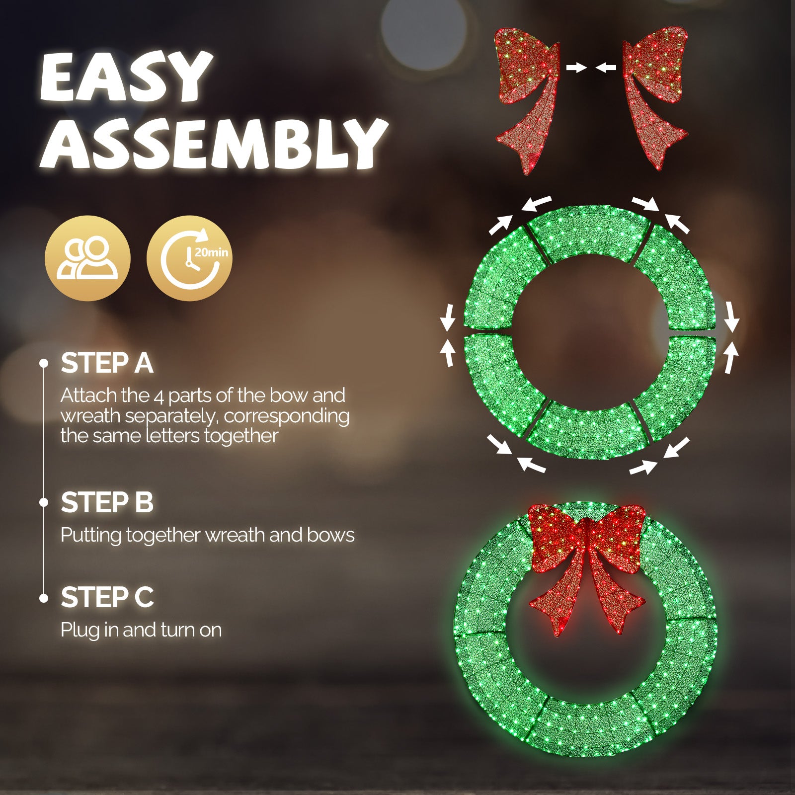 48in Pre-Lit Outdoor Christmas Wreath Decoration, LED Metal Holiday Decor for Home Exterior, Garden w/ 315 Lights, Bow - Green/Red 6cc08b-1a