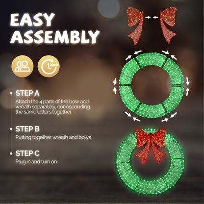 48in Pre-Lit Outdoor Christmas Wreath Decoration, LED Metal Holiday Decor for Home Exterior, Garden w/ 315 Lights, Bow - Green/Red 6cc08b-1a