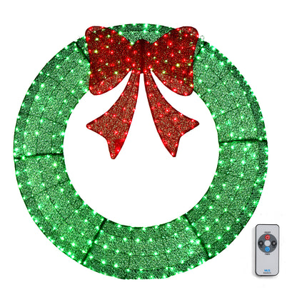 48in Pre-Lit Outdoor Christmas Wreath Decoration, LED Metal Holiday Decor for Home Exterior, Garden w/ 315 Lights, Bow - Green/Red 6cc08b-1a