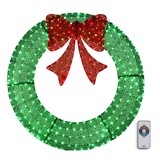 48in Pre-Lit Outdoor Christmas Wreath Decoration, LED Metal Holiday Decor for Home Exterior, Garden w/ 315 Lights, Bow - Green/Red 6cc08b-1a