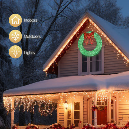 48in Pre-Lit Outdoor Christmas Wreath Decoration, LED Metal Holiday Decor for Home Exterior, Garden w/ 315 Lights, Bow - Green/Red 6cc08b-1a