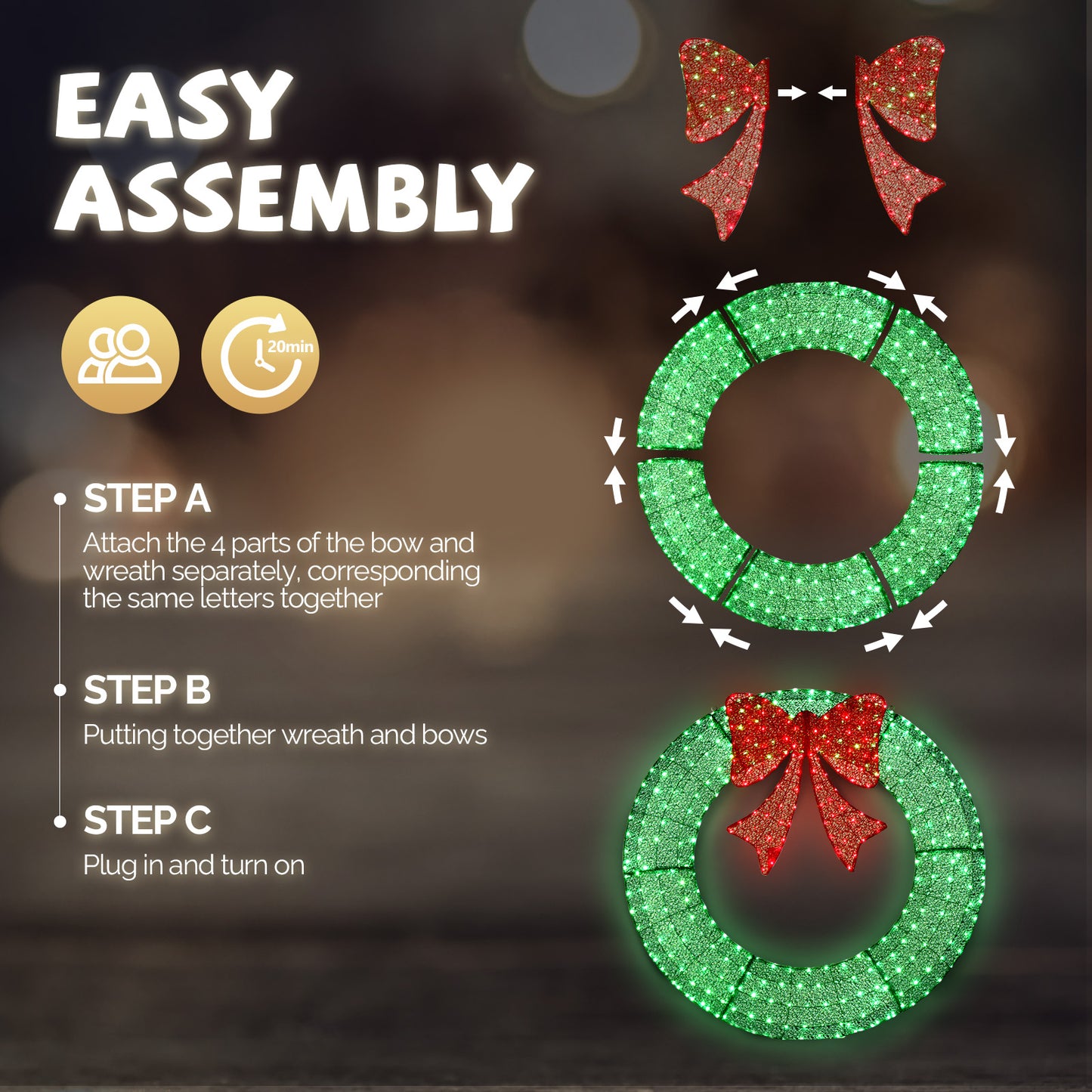 60in Pre-Lit Outdoor Christmas Wreath Decoration, LED Metal Holiday Decor for Home Exterior, Garden w/ 400 Lights, Bow - Green/Red 6cc08b-1a