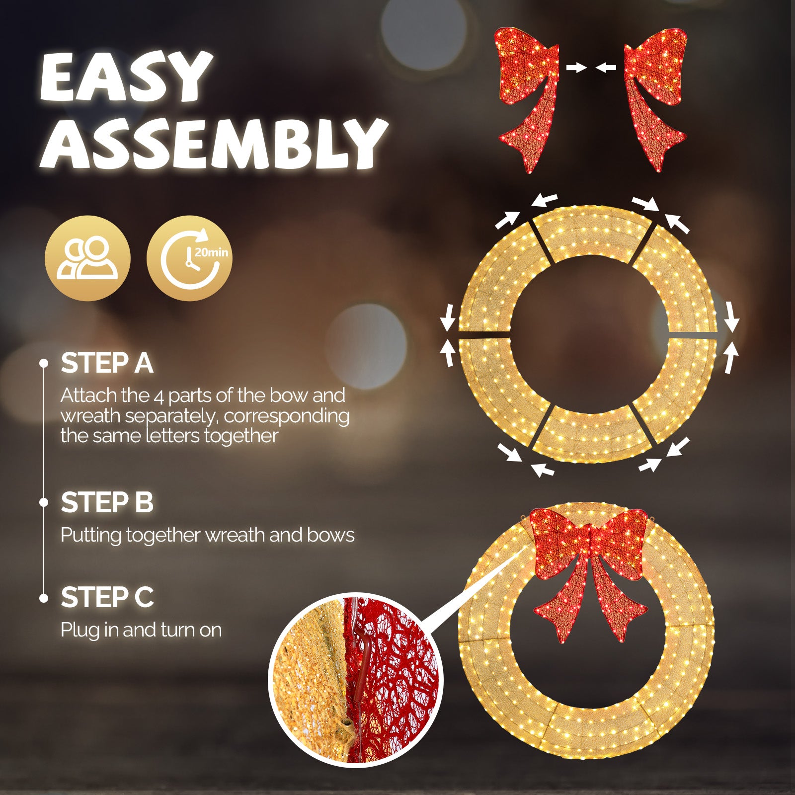 60in Pre-Lit Outdoor Christmas Wreath Decoration, LED Metal Holiday Decor for Home Exterior, Garden w/ 400 Lights, Bow - Gold/Red 6cc08b-1a