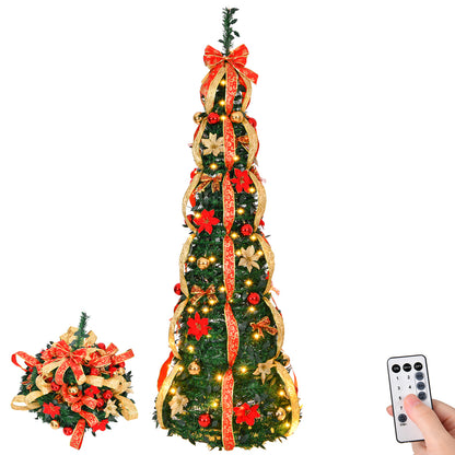 6 FT Fully Decorated Pre-lit Christmas Tree, Pop Up Artificial Xmas Tree with 150 Warm Lights Battery Operated and Red & Golden Ornaments for Home Office Store Holiday Deco 6cc08b-1a