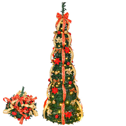 6 FT Fully Decorated Pre-lit Christmas Tree, Pop Up Artificial Xmas Tree with 150 Warm Lights Battery Operated and Red & Golden Ornaments for Home Office Store Holiday Deco 6cc08b-1a