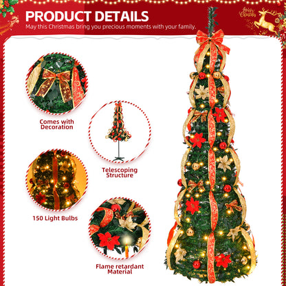 6 FT Fully Decorated Pre-lit Christmas Tree, Pop Up Artificial Xmas Tree with 150 Warm Lights Battery Operated and Red & Golden Ornaments for Home Office Store Holiday Deco 6cc08b-1a