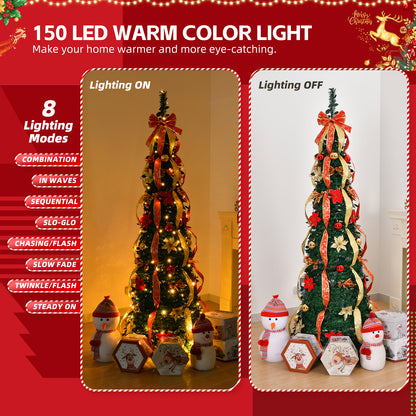 6 FT Fully Decorated Pre-lit Christmas Tree, Pop Up Artificial Xmas Tree with 150 Warm Lights Battery Operated and Red & Golden Ornaments for Home Office Store Holiday Deco 6cc08b-1a