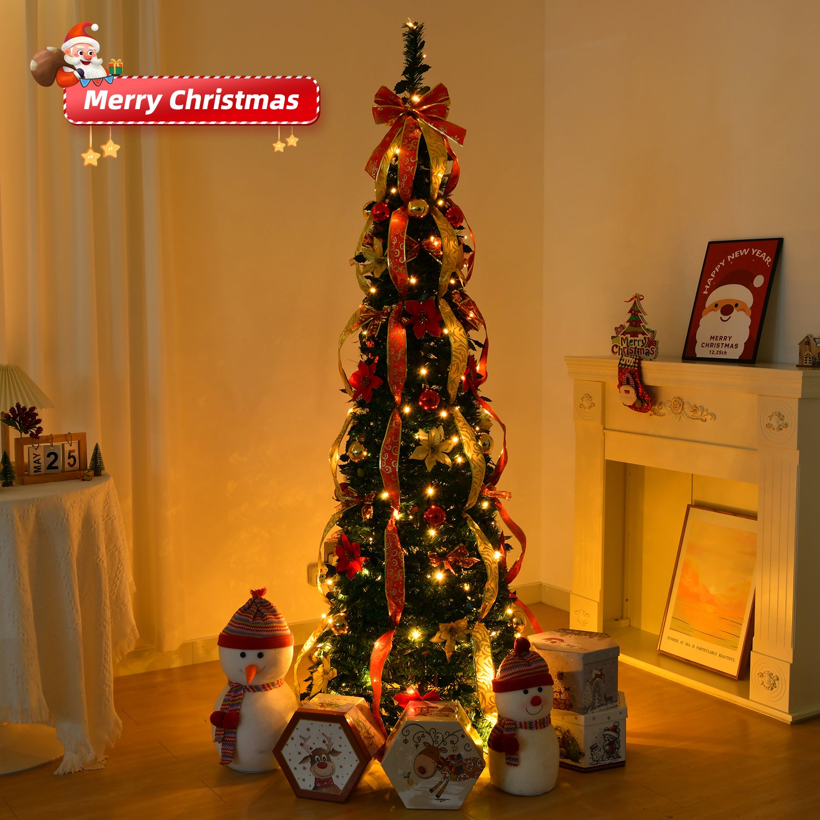 6 FT Fully Decorated Pre-lit Christmas Tree, Pop Up Artificial Xmas Tree with 150 Warm Lights Battery Operated and Red & Golden Ornaments for Home Office Store Holiday Deco 6cc08b-1a