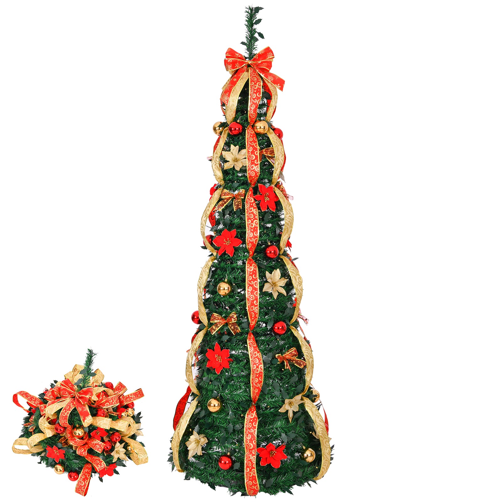 6 FT Fully Decorated Pre-lit Christmas Tree, Pop Up Artificial Xmas Tree with 150 Warm Lights Battery Operated and Red & Golden Ornaments for Home Office Store Holiday Deco 6cc08b-1a