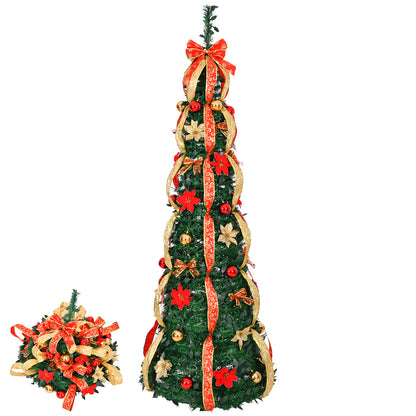 6 FT Fully Decorated Pre-lit Christmas Tree, Pop Up Artificial Xmas Tree with 150 Warm Lights Battery Operated and Red & Golden Ornaments for Home Office Store Holiday Deco 6cc08b-1a