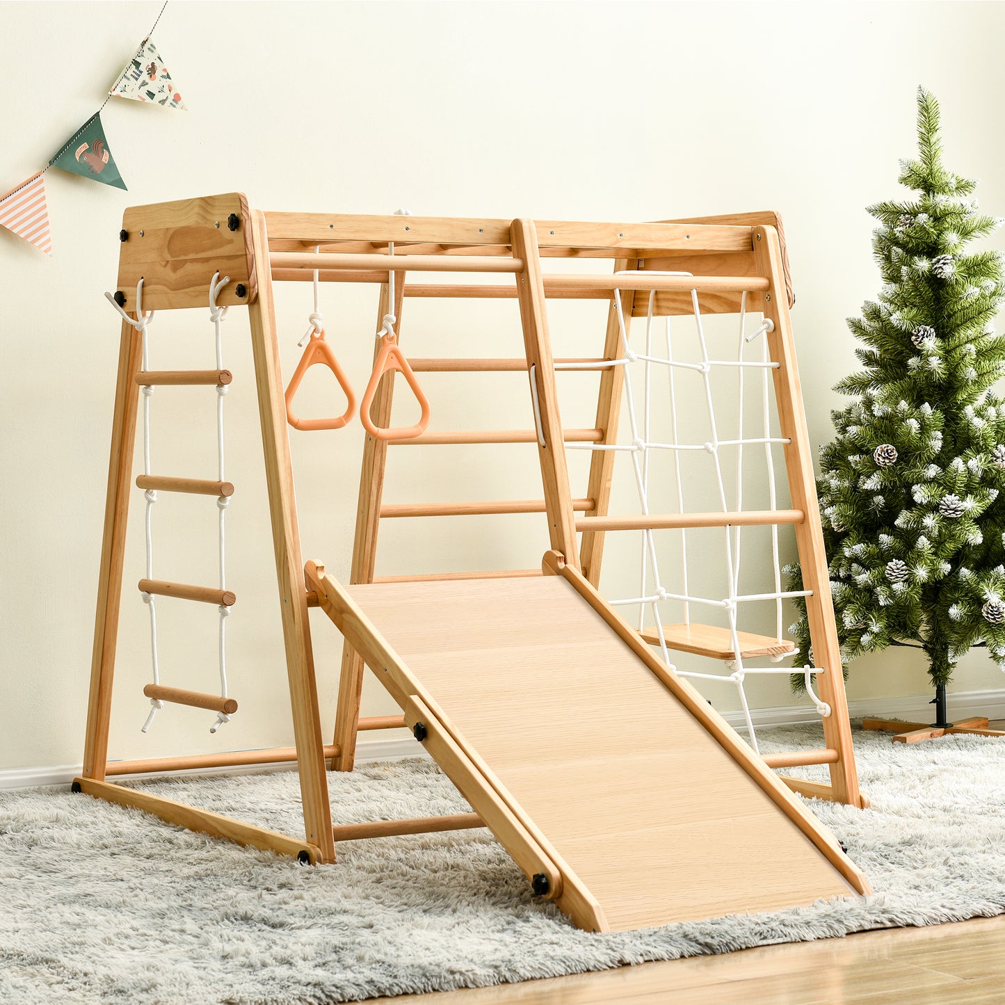 Wooden Indoor Kids Playground Jungle Gym with Slide and Play Table, Toddlers Wooden Climber 8-in-1 Slide Playset, Wooden Rock Climbing Ladder with Rope Wall, Swing Rings, Monkey Bars and Swing 6cc08b-1a