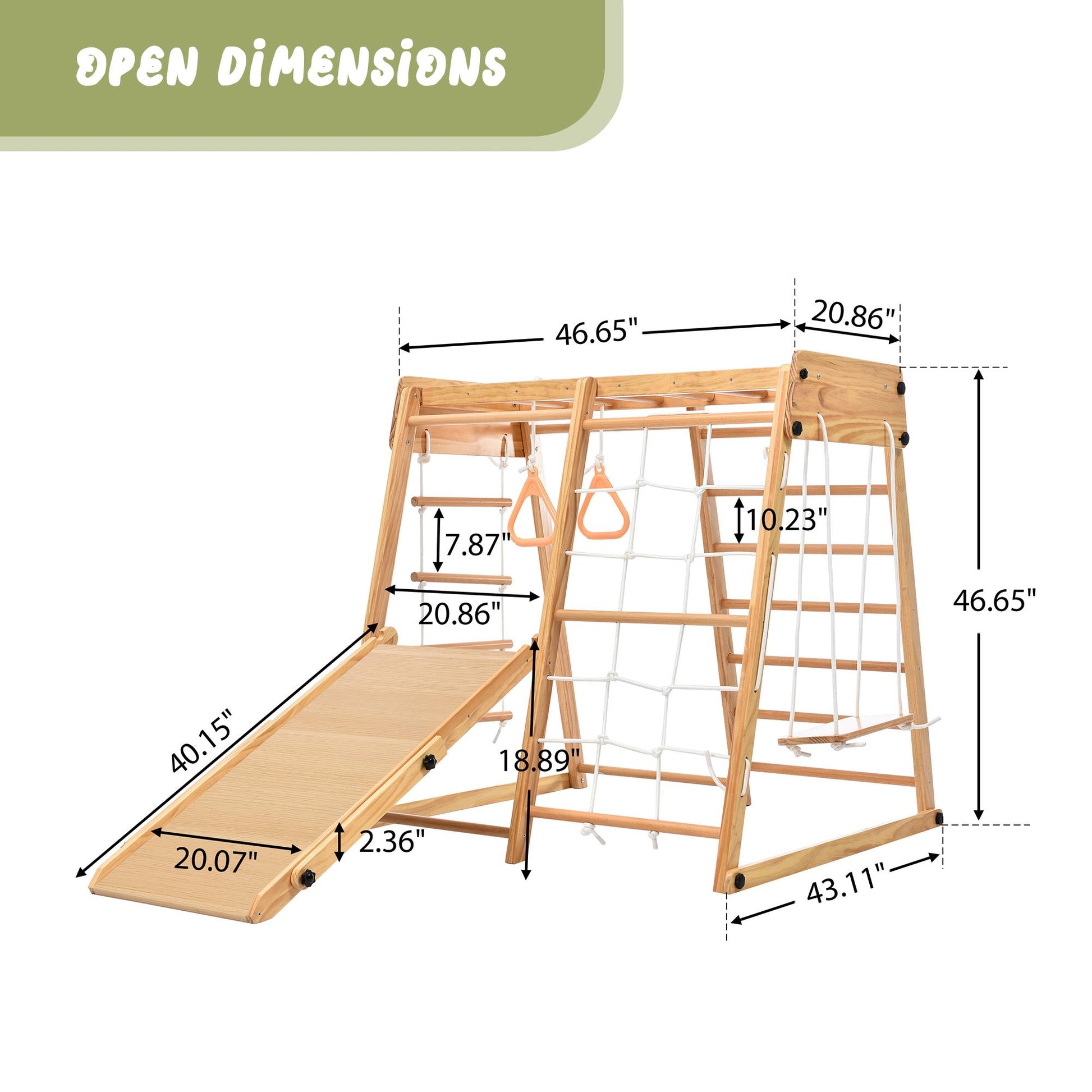 Wooden Indoor Kids Playground Jungle Gym with Slide and Play Table, Toddlers Wooden Climber 8-in-1 Slide Playset, Wooden Rock Climbing Ladder with Rope Wall, Swing Rings, Monkey Bars and Swing 6cc08b-1a