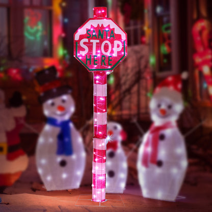 Lighted STOP Sign Christmas Yard Decorations, Pre-lit Road Sign SANTA STOP HERE with 70 LED White Lights and Stakes for Xmas Outdoor Holiday Indoor Decor Lighted Holiday Displays 6cc08b-1a