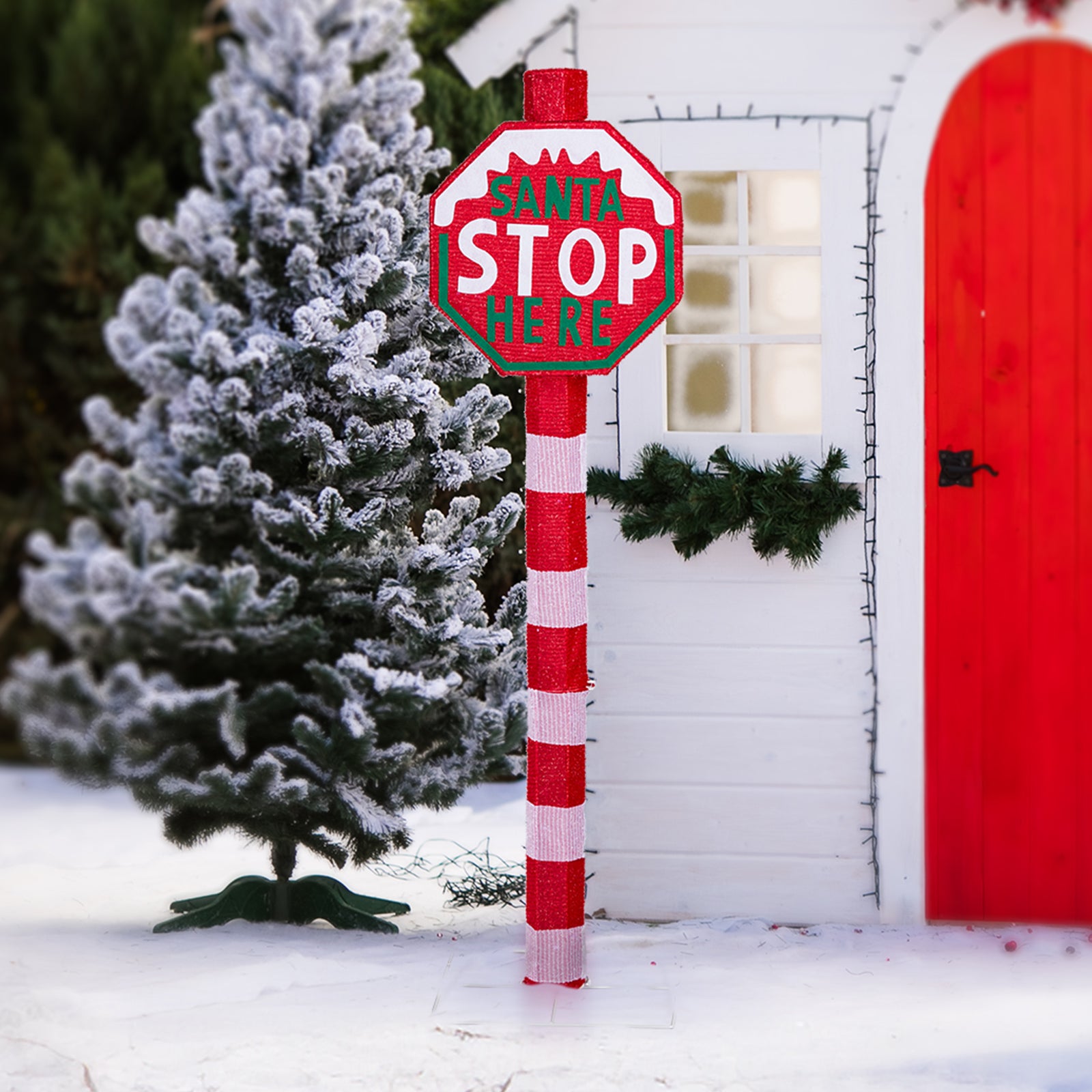 Lighted STOP Sign Christmas Yard Decorations, Pre-lit Road Sign SANTA STOP HERE with 70 LED White Lights and Stakes for Xmas Outdoor Holiday Indoor Decor Lighted Holiday Displays 6cc08b-1a