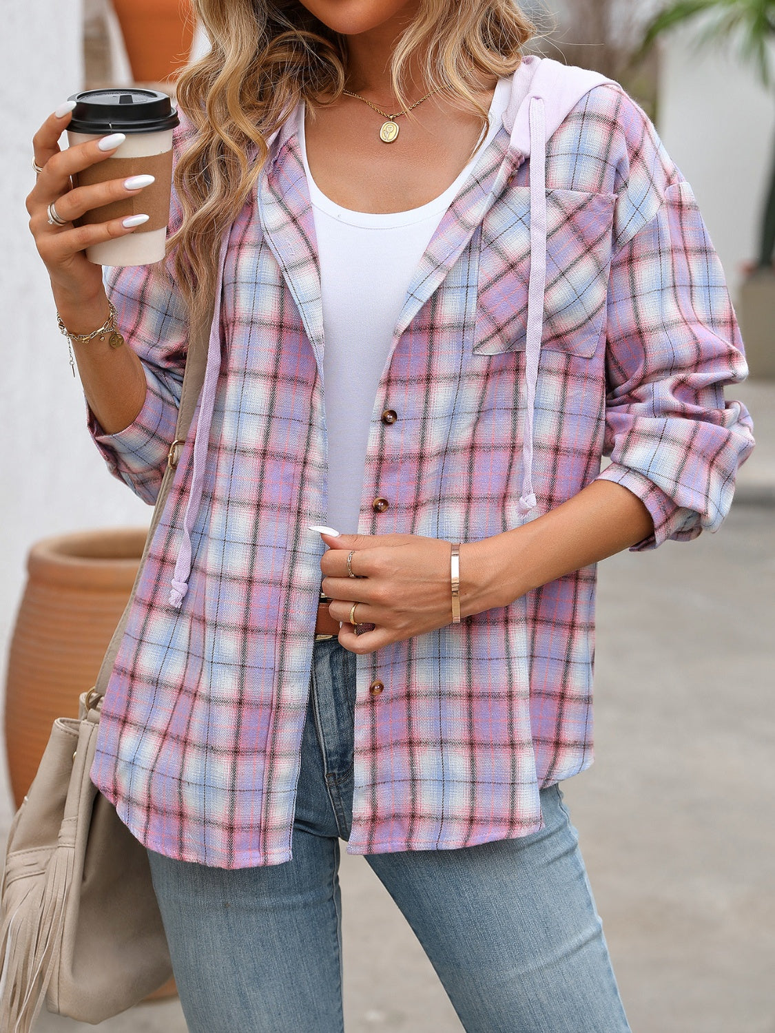 Plaid Long Sleeve Hooded Jacket Trendsi