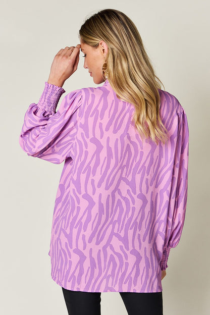 Double Take Full Size Printed Smocked Long Sleeve Blouse Trendsi