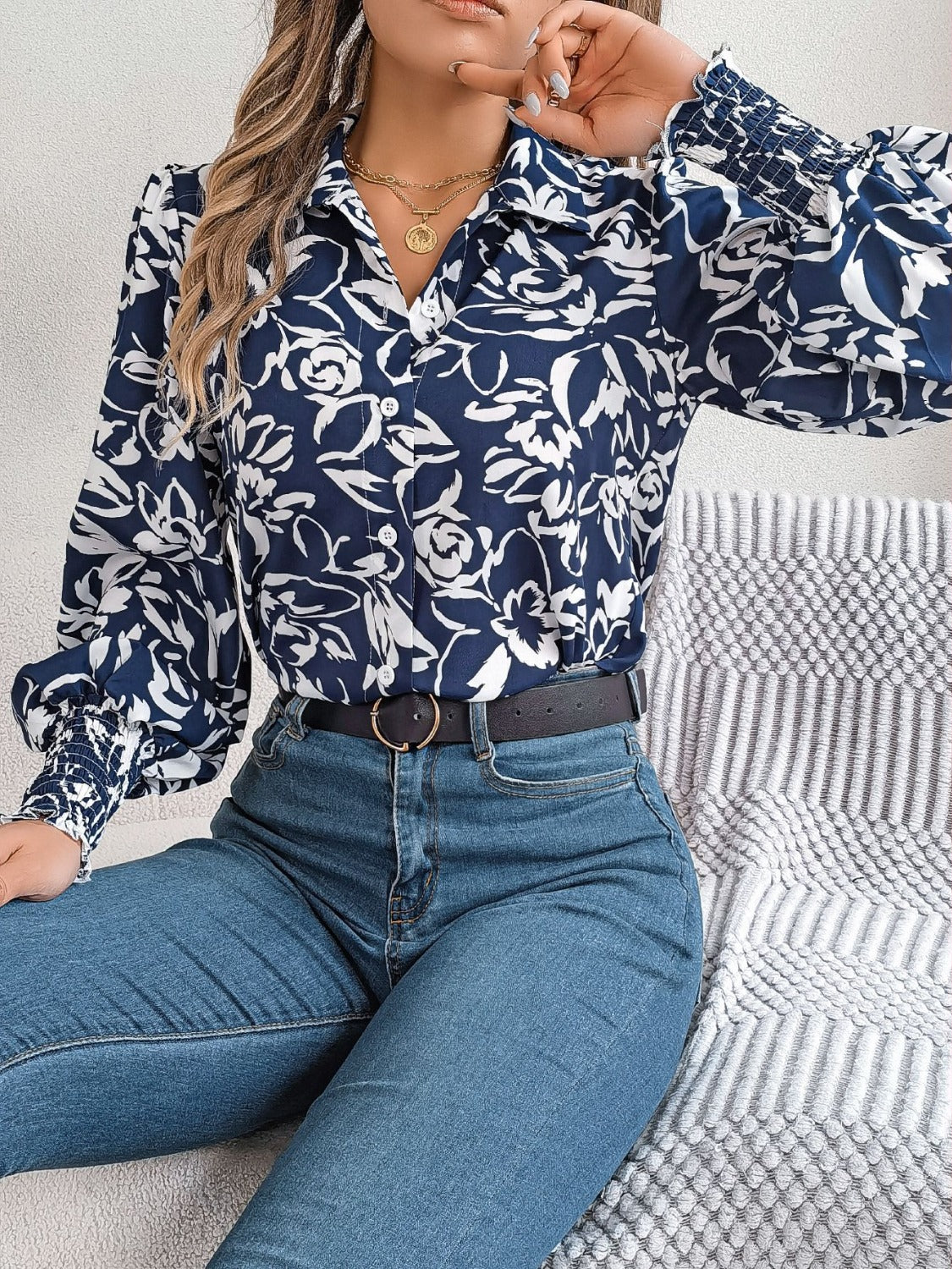 Printed Collared Neck Lantern Sleeve Shirt Trendsi