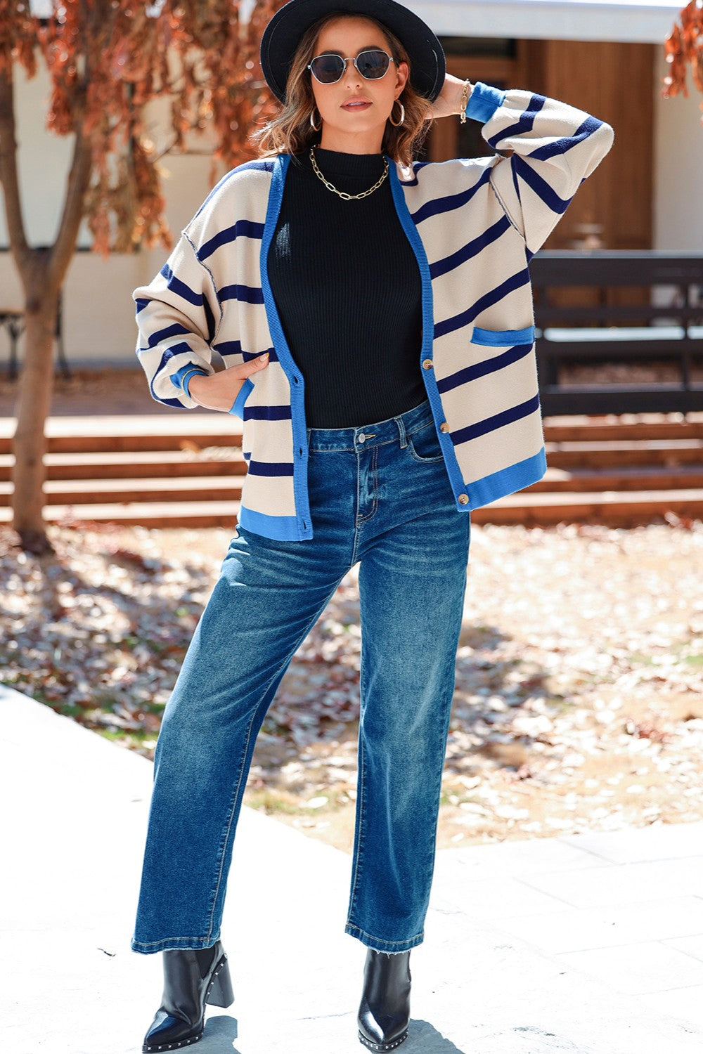 Striped Button Up Long Sleeve Cardigan Trendsi