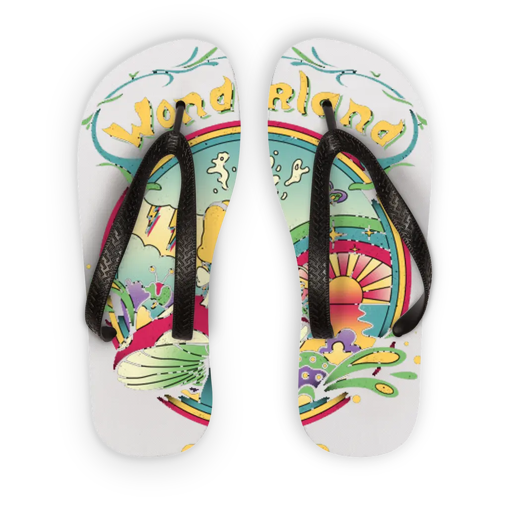 Day Dreamer Adult Flip Flops with colorful design, black straps, and cushioned sole.