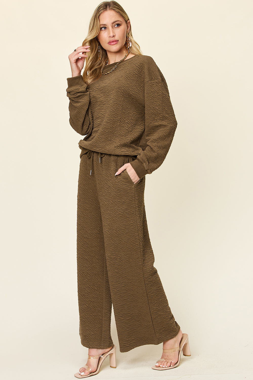 Double Take Full Size Texture Long Sleeve Top and Pants Set Trendsi