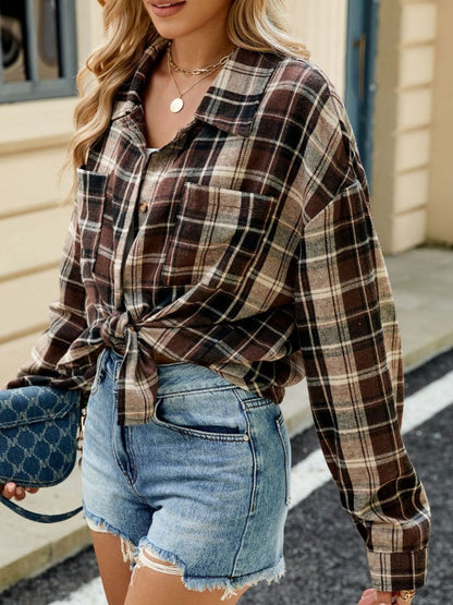 Plaid Collared Neck Long Sleeve Shirt Trendsi