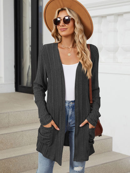 Pocketed Open Front Long Sleeve Cardigan Trendsi