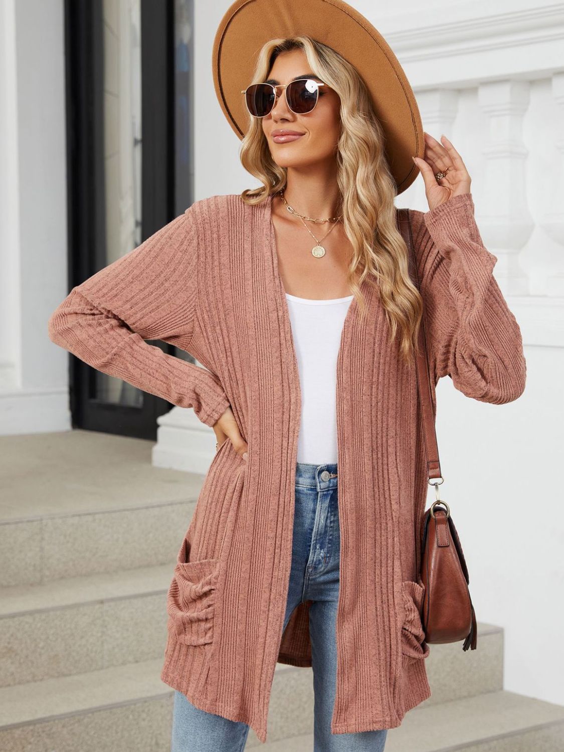 Pocketed Open Front Long Sleeve Cardigan Trendsi