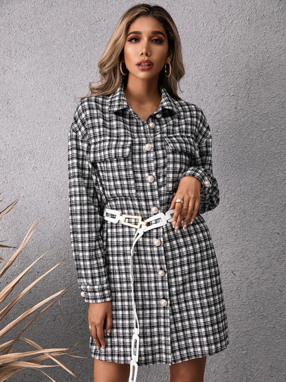 Ivy Lane Pocketed Plaid Long Sleeve Mini Dress Trendsi