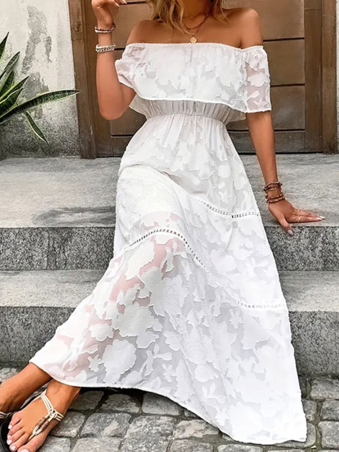 Off-Shoulder Short Sleeve Maxi Dress Trendsi