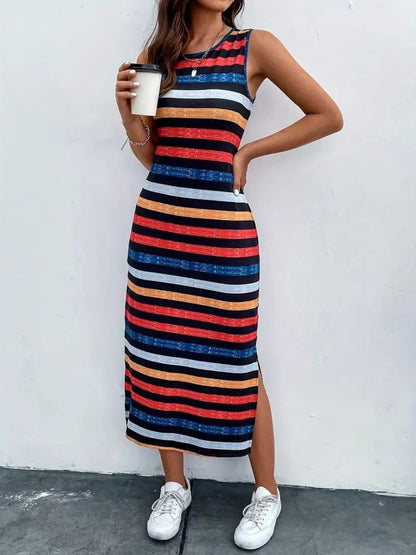 Slit Printed Round Neck Sleeveless Dress Trendsi