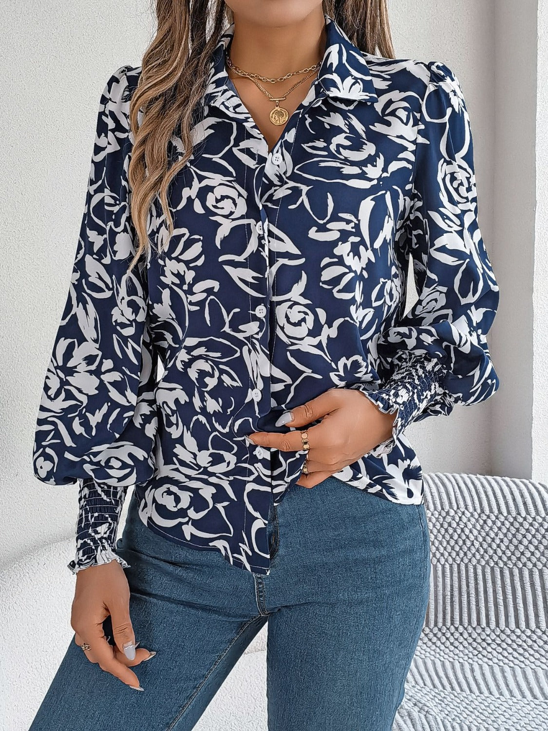 Printed Collared Neck Lantern Sleeve Shirt Trendsi